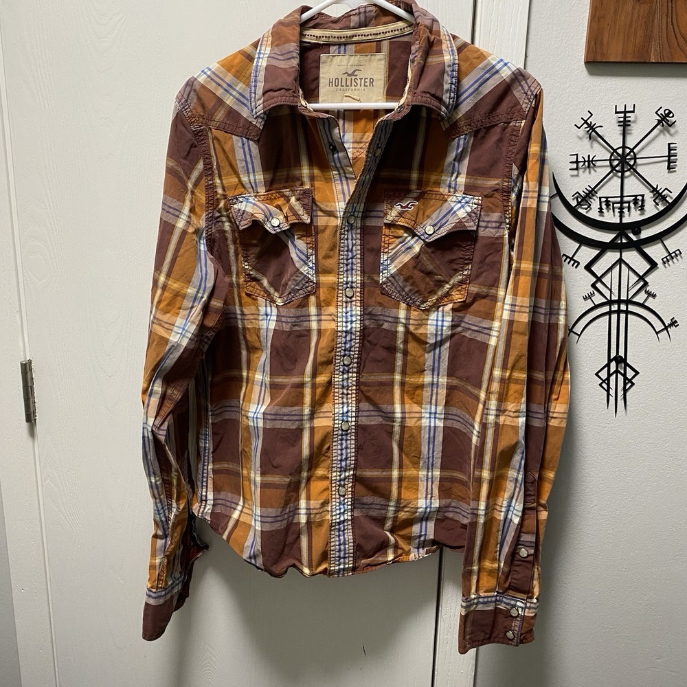 Hollister Men's L Western Pearl Snaps Cowboy Shirt Plaid Long Sleeve Brown‎ Vtg